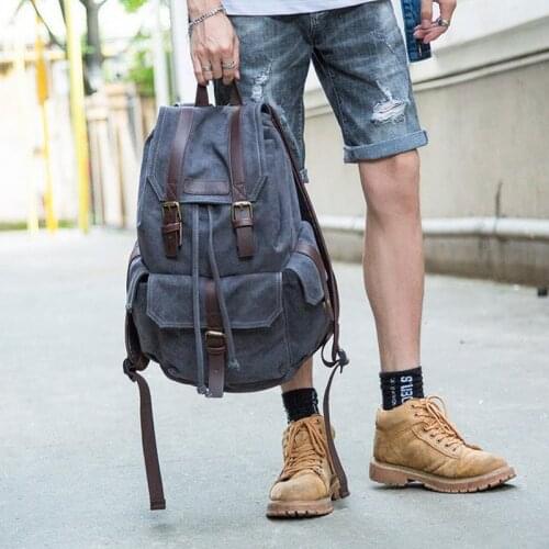 Canvas Travel Backpack Men Navy Drawstring Backpacks for Men 14.5 Inch Laptop Backpack Bags School Mens Bookbag