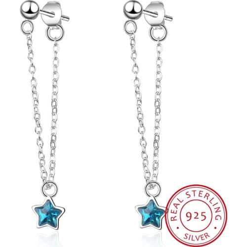 Star Drop Earrings 925 Sterling Silver Female Blue Crystal Five-pointed Stars Ear Jewelry Sweet Ear Hanging Brincos