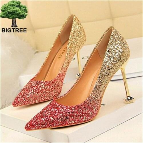 BIGTREE 2018 Sequined Cloth Fashion Party Shoes Women Pumps Pointed Toe Mixed Colors Office Shoes Shallow High Heels Shoes Woman