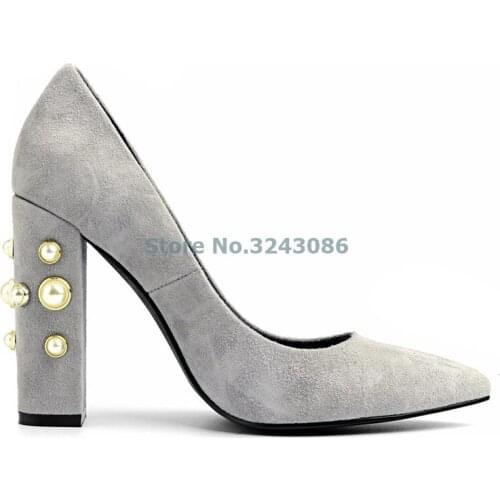 Pointed Toe Suede Thick Heel Pumps Pearl Heel Dress Women Shoes Grey Green Black Shallow Shoes Elegant Women Banquet Shoes