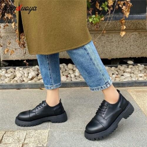 Vintage thick heel platform shoes women solid round toe loafers 2021 lace-up student pu leather zapatillas muffins lolita shoes