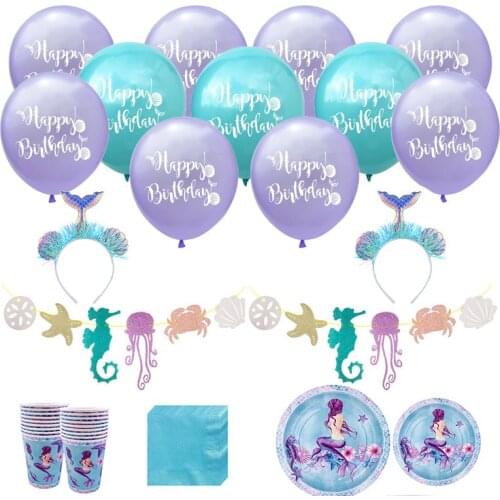 Mermaid Themed Party Decor Headband Mermaid Tail Balloon Happy Birthday Decoration For Kids Tableware Purple Mermaid Supplies