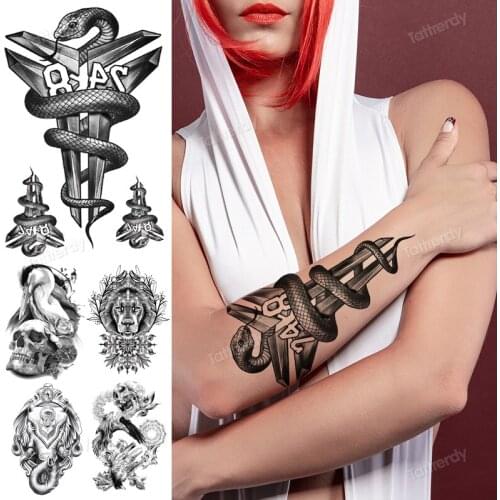 Temporary snake tattoo arm sleeve back thigh body art black fake henna sketch line tattoo fake water transfer sexy for women boy