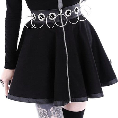 Autumn Winter Gothic Punk Style Women Metal Lron Ring Decoration Skirts PU Pleated Skirt Zipper Goth Girls Short Skirts