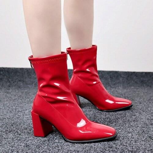 Patent PU Leather Women Ankle Boots Square Toe Thick High Heel Ladies Short Boots Black Zipper Womens Shoes Plus Size 34-43