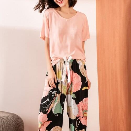 Woman Summer Printed Pajamas Sets Womens Spring Pyjamas Set Viscose Sleepwar Floral Night Suits 2021 Free Shipping