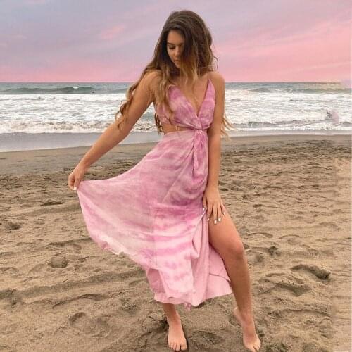 2021 Summer Ladies Long Dress Tie-dye Pink Party Beach Dress Sexy Open Back Long Dress Sleeveless Side Slit Sun Skirt Lace Dress
