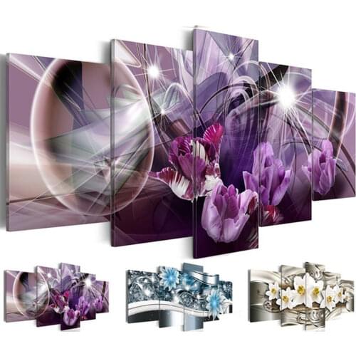 5 Panels Abstract Flowers Painting Purple Flower Oil Pictures Living Room Decoracion Paintings 5 Piece Canvas Wall Art No Frame