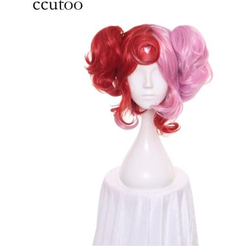 Ccutoo35cm Half Red and Pink Short Curly Base Body With Double Chip Ponytails Cosplay Wig Females Party Costume Full Wigs Hair