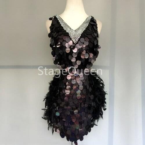 Black Latin Dance Dress Bling Rhinestones Kids Dresses For Girls Sexy Sequins Feathers Women Latin Competition Dancewear Salsa