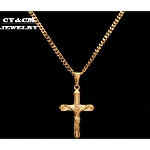 CY&CM Crucifix Jesus Christian Pendant Necklace Gold Color Cross Prayer Christ Men Women Stainless Steel Hiphop Catholic Jewelry