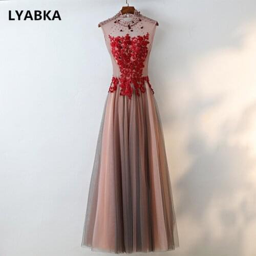 High Quality A-line Evening Dress Vestido De Festa 2019 Tulle With Appliques High Neck Evening Dresses Long Party Robe De Soiree
