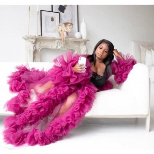 Fuchsia Tulle Maternity Robes Long Sleeves Floor Length Extra Puffy Plus Size abiye Photography Dressing Prom Gown Sheer
