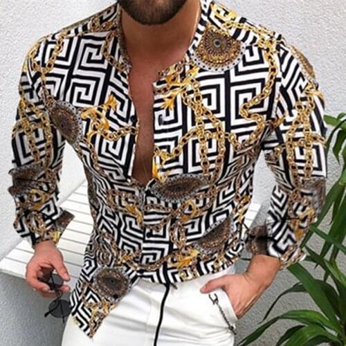 Mens Spring And Autumn Large Size Loose Print Fashion Trend Matching Square Collar Cardigan Long Sleeve Shirt