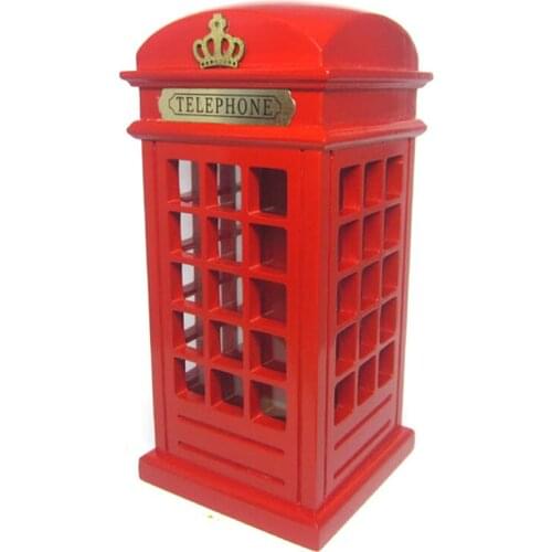 British Wood Money Coin box Piggy London Street Red Telephone Booth Bank Souvenir Model Box