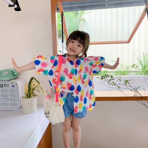 Summer fashion girls colorful balloon printing long style shirts 2021 puff sleeve loose casual short sleeve Tops