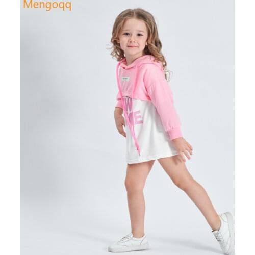 Fashion girls full sleeve letter knee-length dresses solid hooded tops T-shirts toddler kids baby clothes sets 2pcs