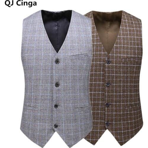Autumn Winter Wool Polyester Vest Men Businesses Sleeveless Coat, Weddings, Parties Grid Vests Jacket Mens Slim Waistcoat 6XL