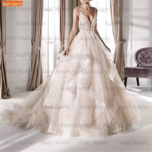 Luxury Ivory wedding dresses 2021 backless robe de mariee V Neck lace appliques Tulle fluffy trouwjurk top quality Bridal Gown