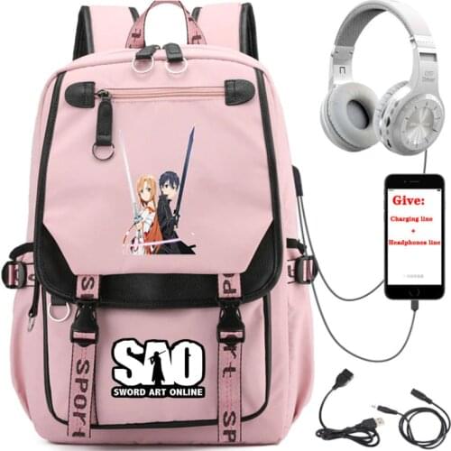 Anime Sword Art Online backpack student School book Bag Women men Travel Backpack USB Charging teenagers Pink Laptop packsack