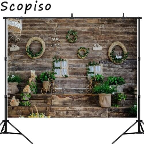 Scopiso Easter Photography Backdrops Dark Wooden Wall Eggs Bunny Chicken Spring Party Baby Newborn Portrait Photo Background