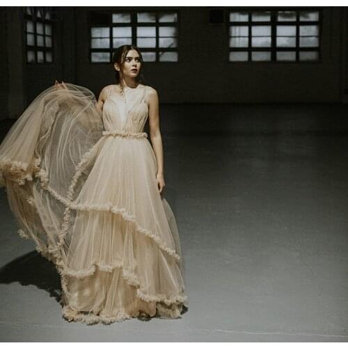 Nude Bohemian Tulle Prom Dress with Open Back and Deep V Neck Chic Girly Wedding Gown Photography Dress YEWEN 2021