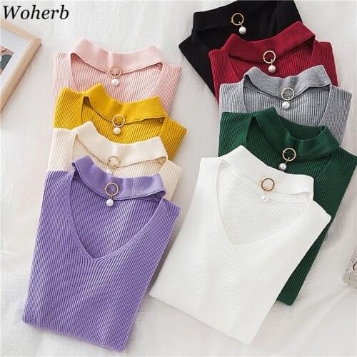 Woherb 2020 Basic V-neck Beading Solid Autumn Winter Sweater Pullover Women Knitted Sweaters Slim Stretch Badycon Jumper Mujer