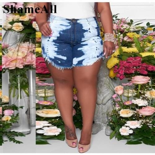 Plus Size Elastic Skinny Tie Dye Print Short Jeans 4XL Summer Women Ripped Tassel Stretch Denim Shorts Cotton Hot Pants Trousers