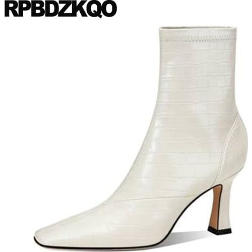 Ankle Women Shoes Square Toe White Wedding Boots Bridal Booties Slip On Stiletto Vintage Snakeskin Snake High Heel Brown Winter