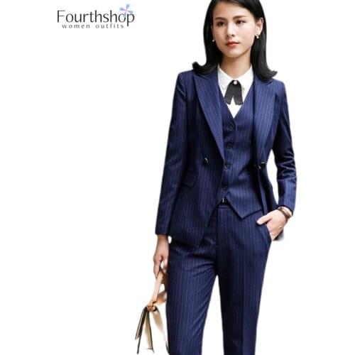 2021 New Fashion 3 Pieces Set Office Lady Striped Pant Suits Women Business Work Uniform Formal Blazer Jacket Trousers Waistcoat
