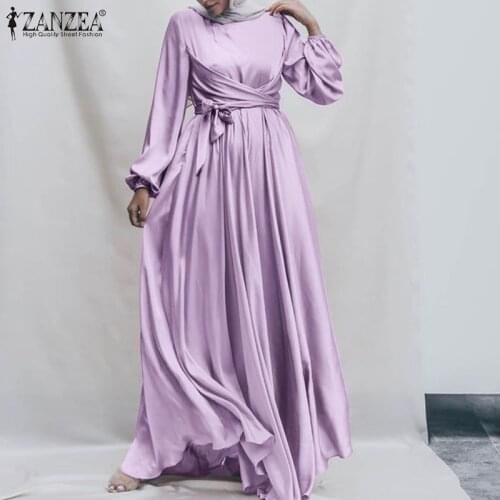 ZANZEA Fashion Women Satin Sundress Robe Femme Dubai Turkey Abaya Hijab Maxi Long Dress Elegant Long Sleeve Muslim Dress Jilbab