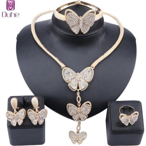 Women African Jewelry Sets Gold Color Crystal Butterfly Bridal Wedding Elegant Romantic Necklace Earring Bangle Ring Set