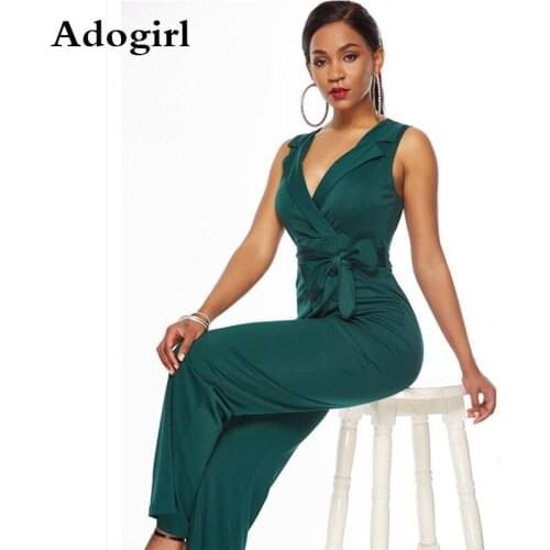 V-neck Causal Sexy Jumpsuit WomanTurn-down Collar Sleeveless With Belt Wide Pants Rompers Office Lady Businiess Dinner Outfits