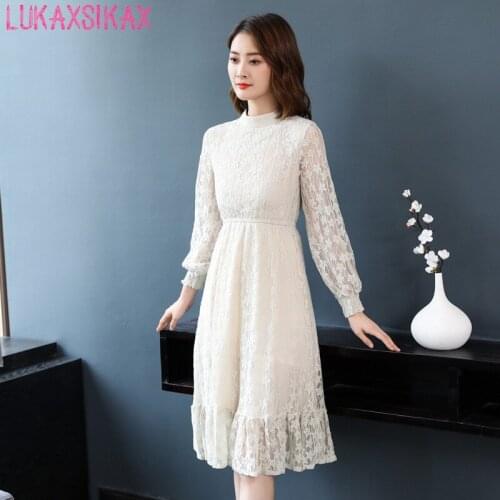 LUKAXSIKAX 2020 Spring Autumn Women Dress Runway High Quality Apricot Floral Lace Dress Elegant Lantern Sleeve Mermaid Dress