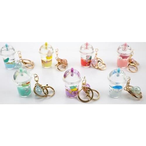 1Pc Acrylic Milk Bottle Keyring Milk Tea Cup Keychain Marine Animal Liquid Floating Key Chains Charm Bag Pendant Car Key Ring