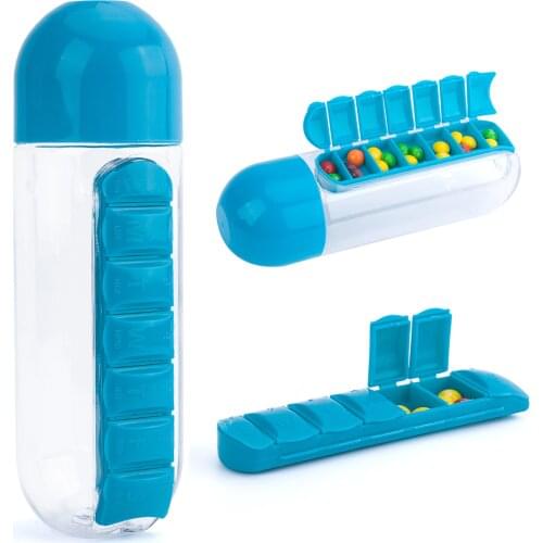 2 in 1 Pill Box Water Bottle Portable Travel Pill Box Bottle Pill Storage Box Medicine Pill Box Drinking Bottle for Carrying