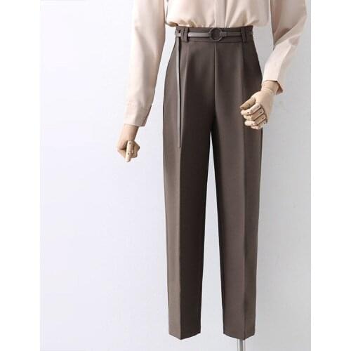 2021 Women Spring Summer Casual Solid Suit Pants Female Sashes Elastic High Waist Harem Pant Lady Elegant Straight Trousers D632