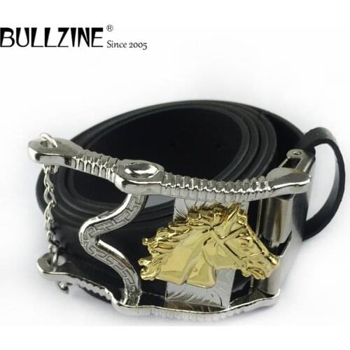 Bullzine Zinc alloy western horse head belt buckle cowboy jeans belt buckle silver finish free PU belt connecting clasp FP-03728