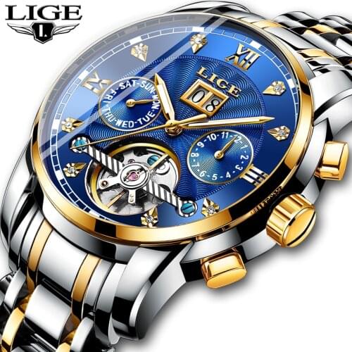 LIGE Mens Watches Top Brand Luxury Automatic Mechanical Watch Men Full Steel Waterproof Business Gold Watch Relogio Masculino