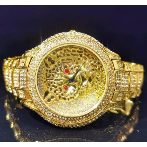 MISSFOX Premium Tiger Head Mans Hollow Gold Wristwatch Round Watches Man Hiphop Blingbling Mens Luxury Diamond Quartz Watch