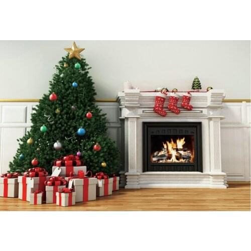 Christmas Decor Backdrop Christmas Tree Fireplace Gift Box Photography Background New Year Xmas Party Decoration Photo Booth