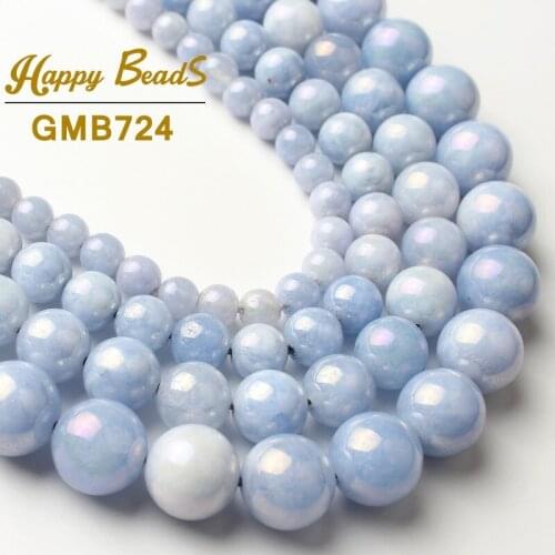Electroplated stone Natural Blue Angelite Stone Round Loose Beads For Making Jewelry DIY Ear Bracelet 15'Strand 6/8/10/12mm