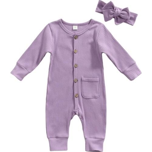 Newborn Baby Girl Boy Autumn Clothes Sets Solid Color Ribbed Two-Piece Long Sleeve Button down Romper with Pocket+Headband