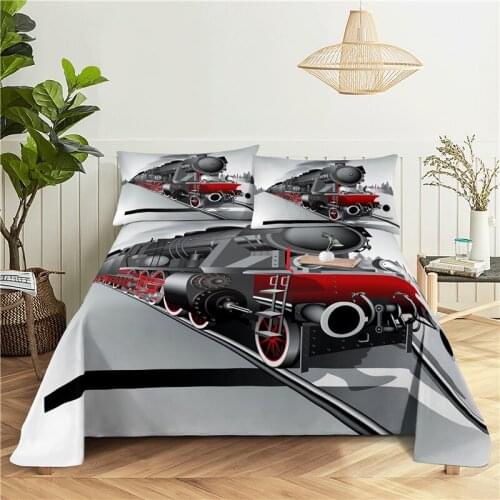 Train 0.9/1.2/1.5/1.8/2.0m Digital Printing Polyester Bed Flat Sheet With Pillowcase Print Bedding Set