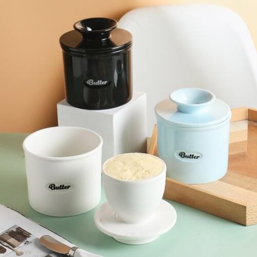Creative Handmade Ceramic Porcelain Butter Crock Keeper Jar Fresh Soft Spreadable Storage Holder for Counter Countertop Kitchen