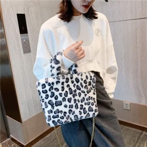 Leopard Plush Bag Femal Winter Handbag Messenger Shoulder Chain Soft Warm Fur Travel Bag