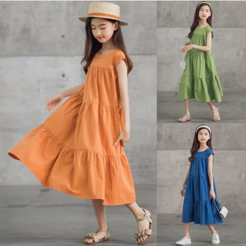 6 To 16 Years, Kids Summer Dress Girls Midi Dress Cotton 2021 New Teen Layered Dress Children Clothes Baby Causal Dress,#6253