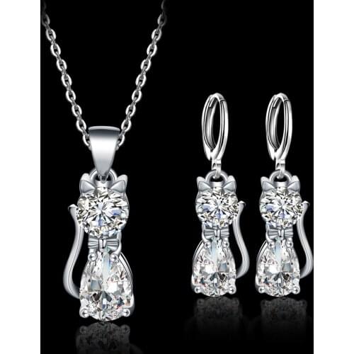 Fashion 925 Sterling Silver Crystal Cubic Zirconia Jewelry Set For Women Cute Cat Pendant Necklace Earrings Jewelry Wedding Gift