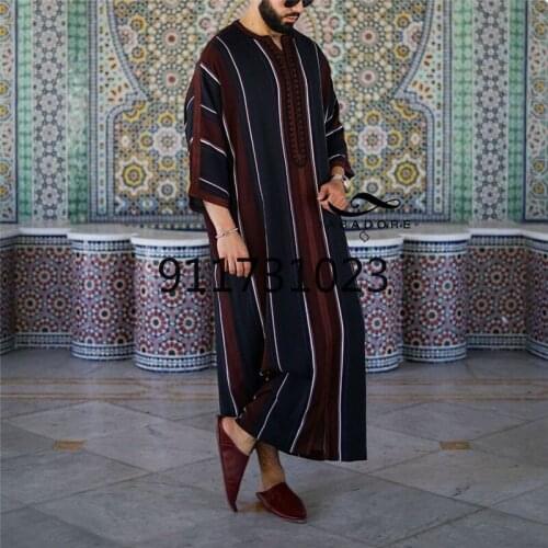 Men 2021 Eid Ramadan Abaya Dubai Kaftan Pakistan Spring Autumn Casual Loose Robe Muslim Fashion Vintage Stripe Islamic Clothing