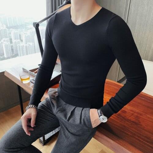 Winter Mens Autumn Solid Color V-neck Base Sweater Korean Style New Slim Long Sleeve Sweater Black Mens Pullover Sweaters